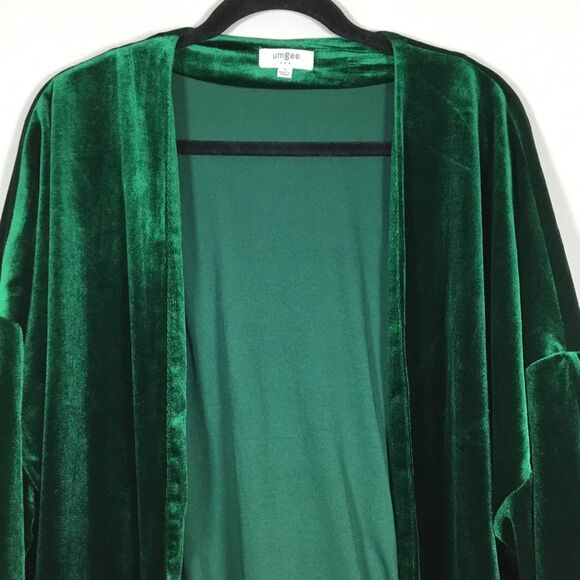 Dark forest green open front velvet jacket robe duster kimono witchy boho sz S - Picture 2 of 8